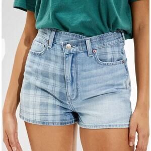 AMERICAN EAGLE‎ Highest Rise Mom Shorts Crossover Waist Plaid Denim Blue Sz 16